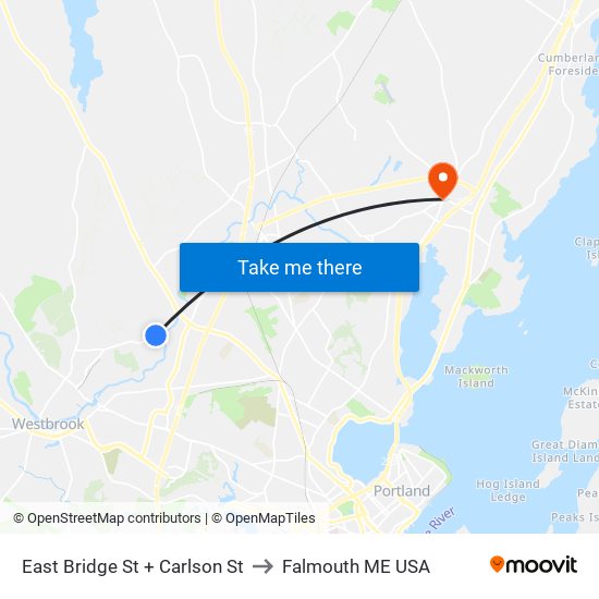 East Bridge St + Carlson St to Falmouth ME USA map