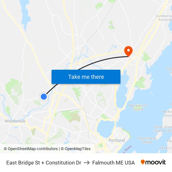 East Bridge St + Constitution Dr to Falmouth ME USA map