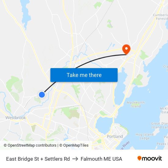 East Bridge St + Settlers Rd to Falmouth ME USA map