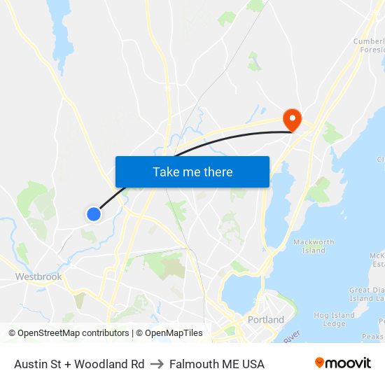 Austin St + Woodland Rd to Falmouth ME USA map