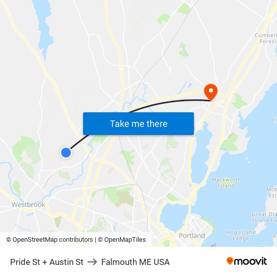 Pride St + Austin St to Falmouth ME USA map