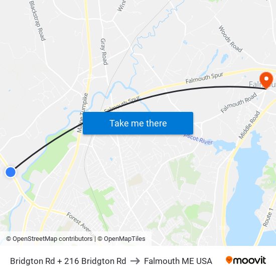 Bridgton Rd + 216 Bridgton Rd to Falmouth ME USA map