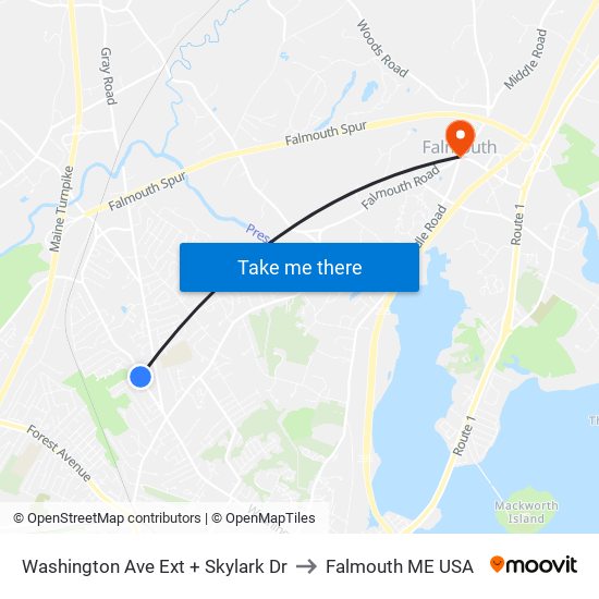 Washington Ave Ext + Skylark Dr to Falmouth ME USA map