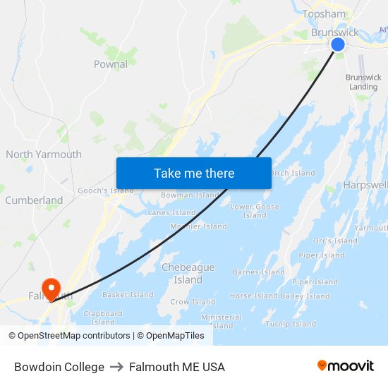 Bowdoin College to Falmouth ME USA map