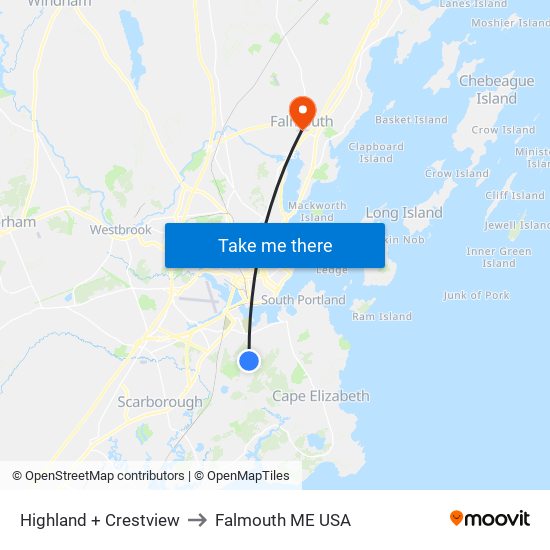 Highland + Crestview to Falmouth ME USA map