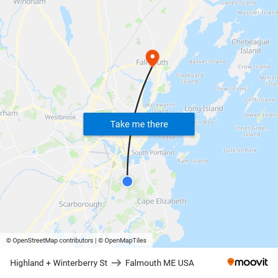 Highland + Winterberry St to Falmouth ME USA map