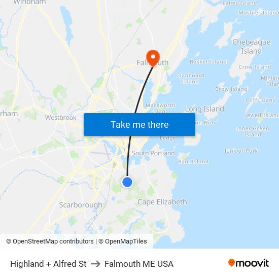 Highland + Alfred St to Falmouth ME USA map