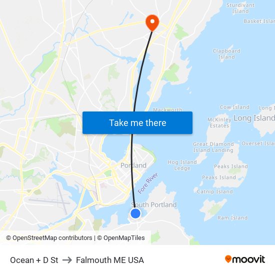Ocean + D St to Falmouth ME USA map