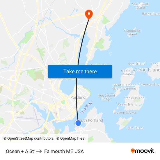 Ocean + A St to Falmouth ME USA map