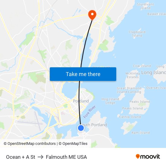 Ocean + A St to Falmouth ME USA map