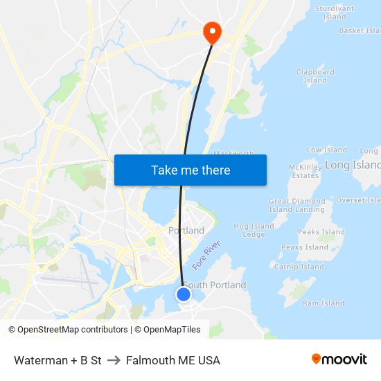 Waterman + B St to Falmouth ME USA map