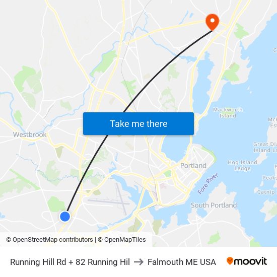 Running Hill Rd + 82 Running Hil to Falmouth ME USA map