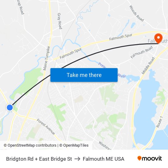 Bridgton Rd + East Bridge St to Falmouth ME USA map