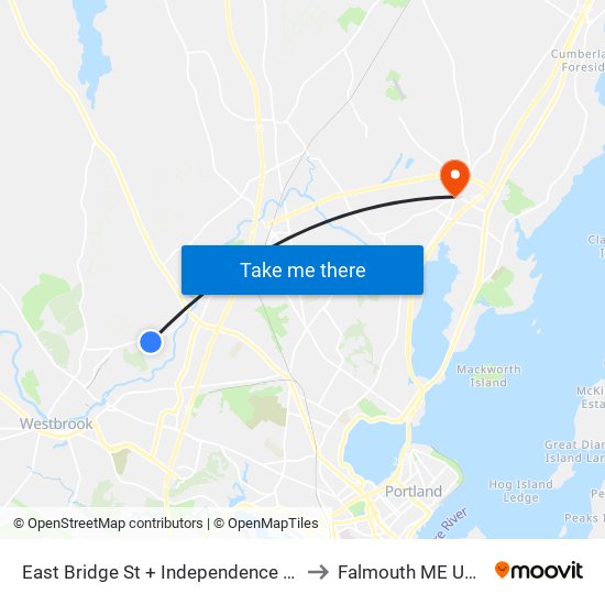 East Bridge St + Independence St to Falmouth ME USA map