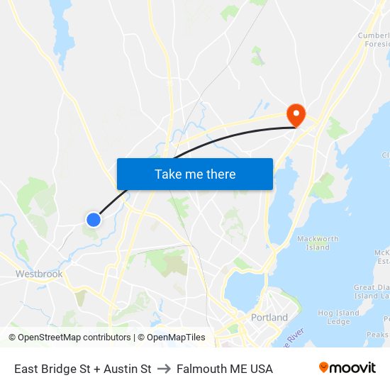 East Bridge St + Austin St to Falmouth ME USA map