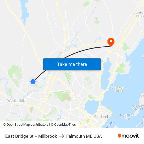 East Bridge St + Millbrook to Falmouth ME USA map