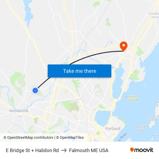 E Bridge St + Halidon Rd to Falmouth ME USA map
