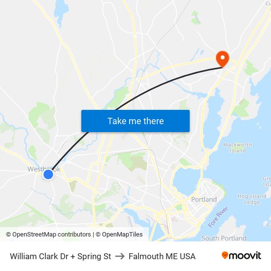 William Clark Dr + Spring St to Falmouth ME USA map