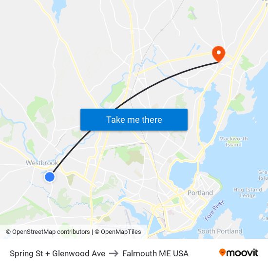 Spring St + Glenwood Ave to Falmouth ME USA map