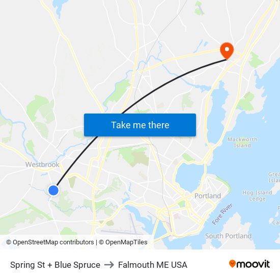 Spring St + Blue Spruce to Falmouth ME USA map