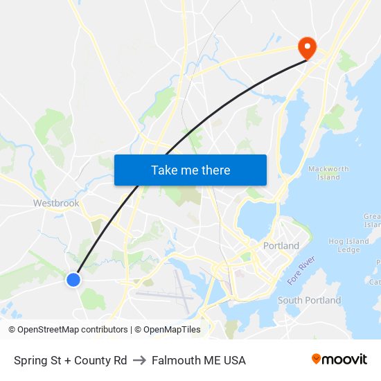 Spring St + County Rd to Falmouth ME USA map