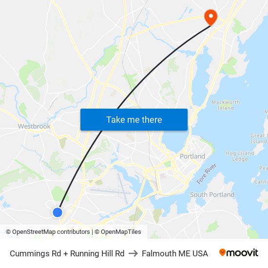 Cummings Rd + Running Hill Rd to Falmouth ME USA map