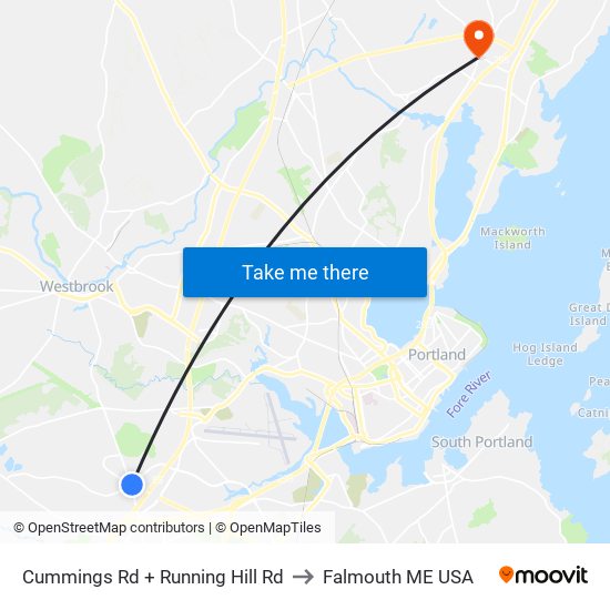 Cummings Rd + Running Hill Rd to Falmouth ME USA map