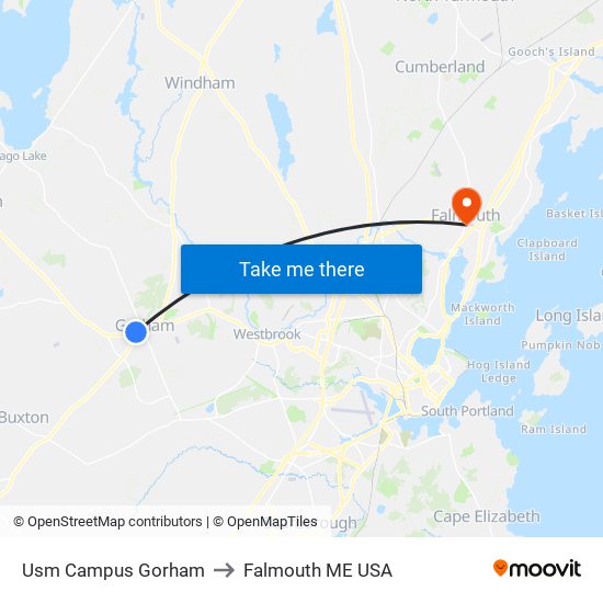 Usm Campus Gorham to Falmouth ME USA map