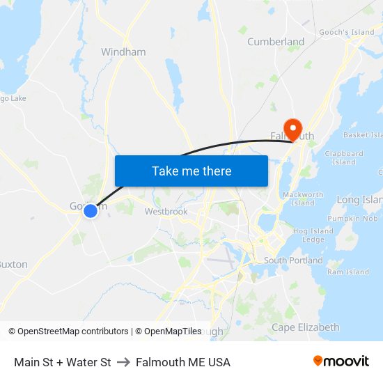 Main St + Water St to Falmouth ME USA map