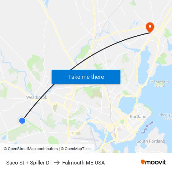 Saco St + Spiller Dr to Falmouth ME USA map