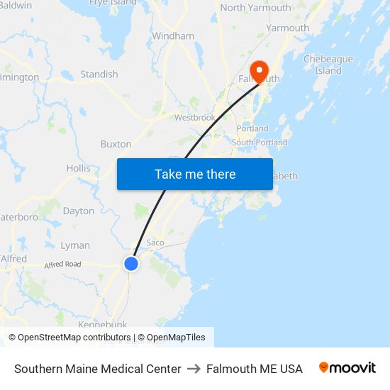 Southern Maine Medical Center to Falmouth ME USA map