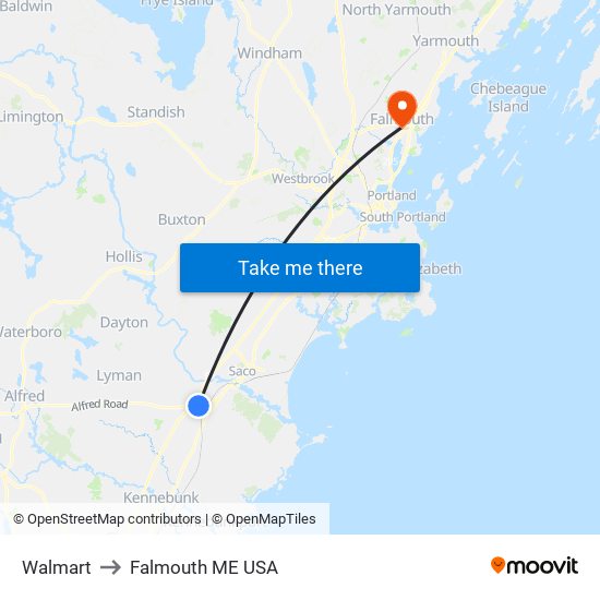 Walmart to Falmouth ME USA map