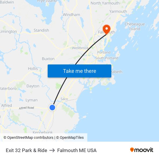 Exit 32 Park & Ride to Falmouth ME USA map