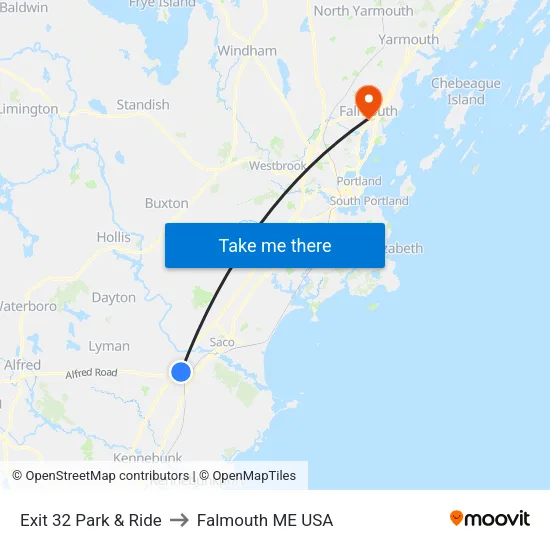 Exit 32 Park & Ride to Falmouth ME USA map