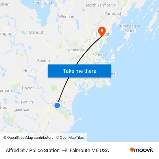 Alfred St / Police Station to Falmouth ME USA map