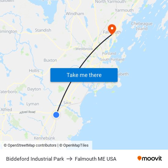 Biddeford Industrial Park to Falmouth ME USA map