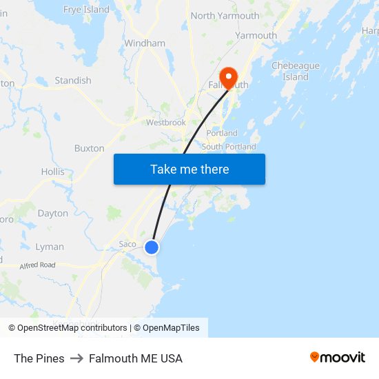 The Pines to Falmouth ME USA map