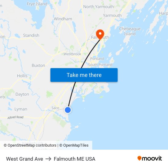 West Grand Ave to Falmouth ME USA map