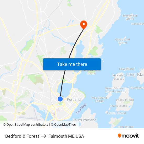 Bedford & Forest to Falmouth ME USA map