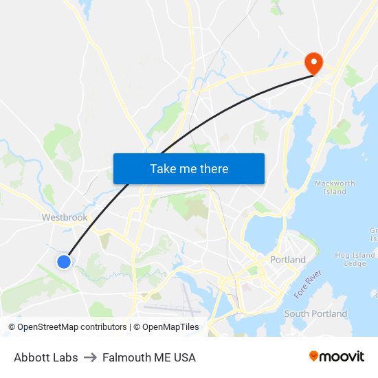 Abbott Labs to Falmouth ME USA map