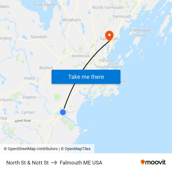 North St & Nott St to Falmouth ME USA map