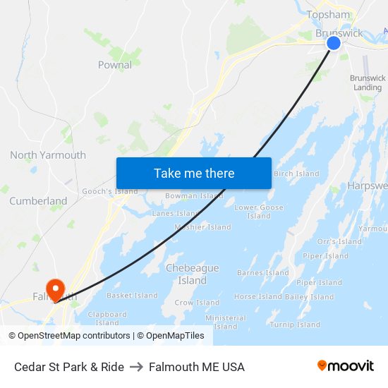 Cedar St Park & Ride to Falmouth ME USA map