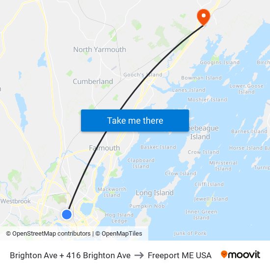 Brighton Ave + 416 Brighton Ave to Freeport ME USA map