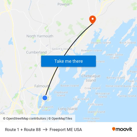 Route 1 + Route 88 to Freeport ME USA map