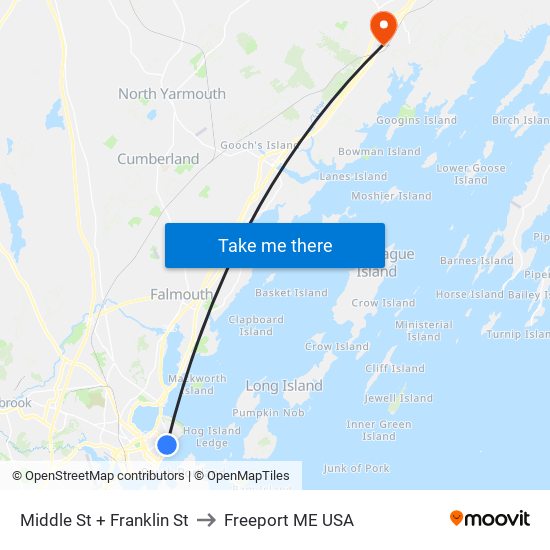 Middle St + Franklin St to Freeport ME USA map