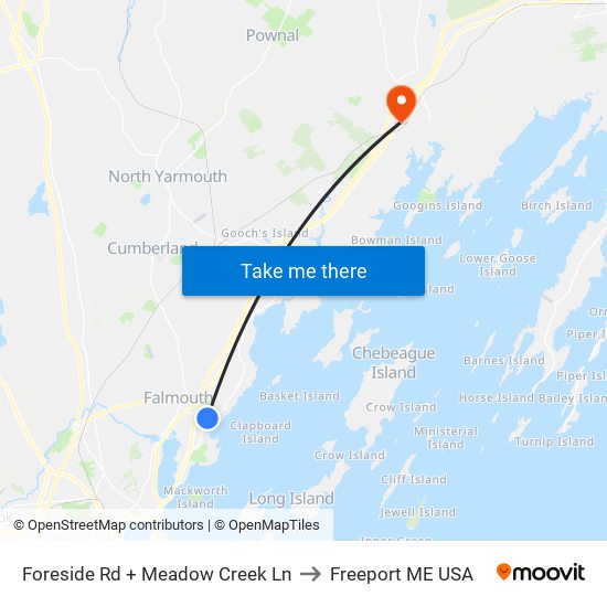 Foreside Rd + Meadow Creek Ln to Freeport ME USA map