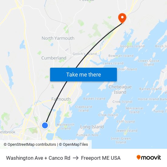 Washington Ave + Canco Rd to Freeport ME USA map