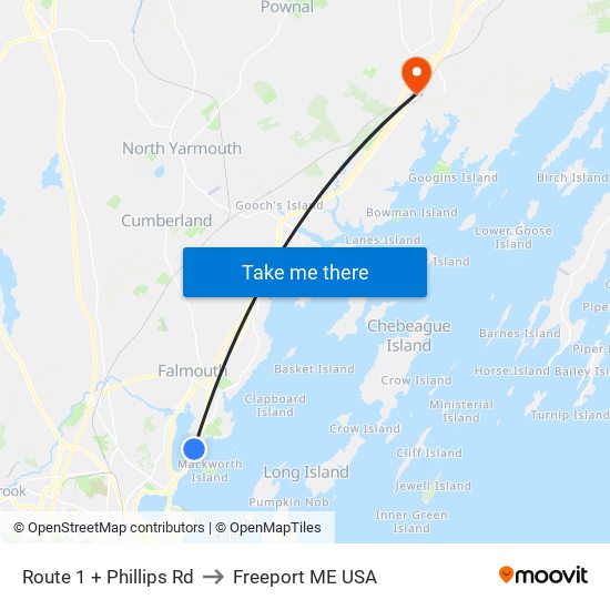 Route 1 + Phillips Rd to Freeport ME USA map