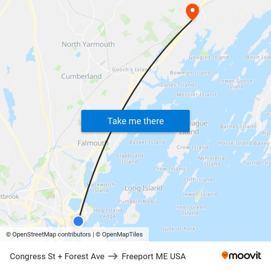 Congress St + Forest Ave to Freeport ME USA map
