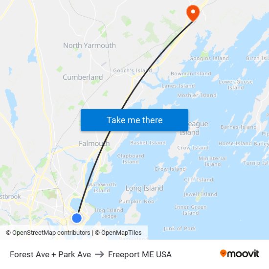 Forest Ave + Park Ave to Freeport ME USA map